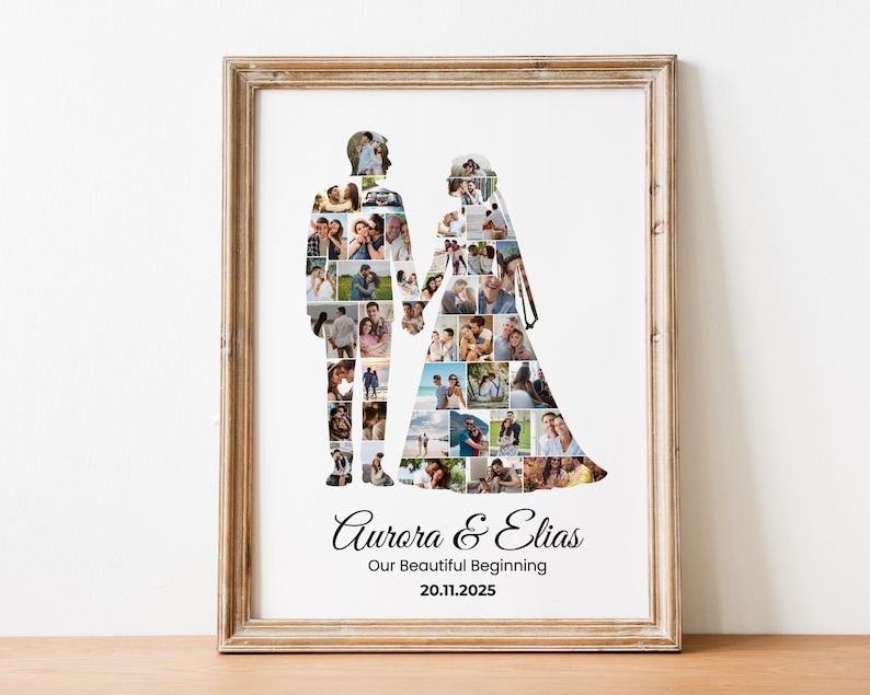 K&ouml;nnte beinhalten: Gerahmter Druck mit einer Collage von Fotos, die die Silhouetten eines Brautpaares bilden. Der Rahmen ist hellbraun. Die Namen "Aurora & Elias" und das Datum "20.11.2025" sind darunter gedruckt. Der Text "Our Beautiful Beginning" ist ebenfalls enthalten.