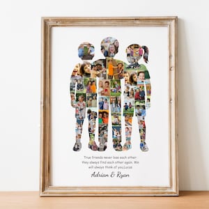 May include: A framed photo collage depicting three figures made up of many small photos. The figures are filled with images of people. The frame is a light brown colour. Text at the bottom reads, "True friends never lose each other...Adrian & Ryan."