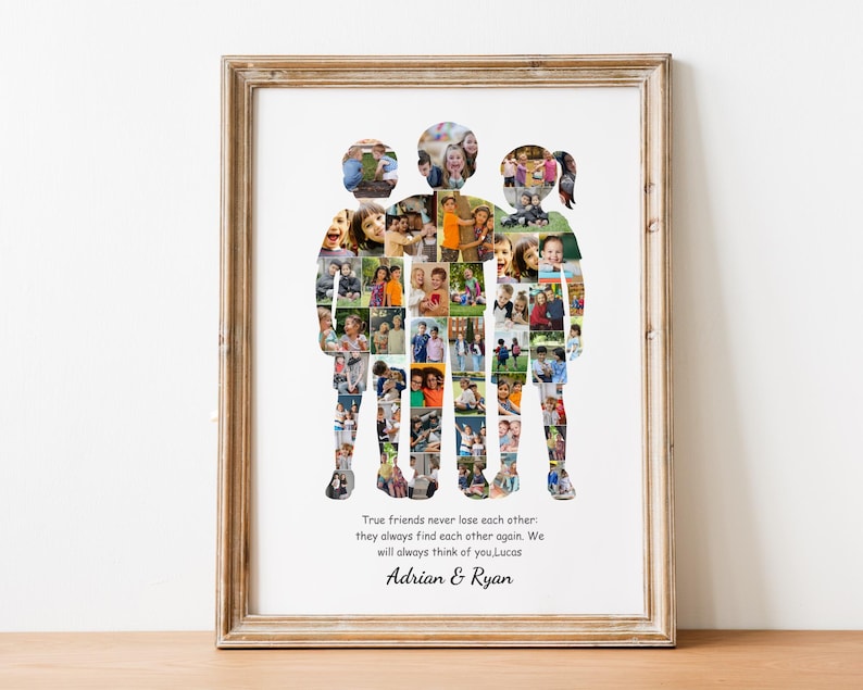 May include: A framed photo collage depicting three figures made up of many small photos. The figures are filled with images of people. The frame is a light brown colour. Text at the bottom reads, "True friends never lose each other...Adrian & Ryan."