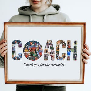 May include: A framed photo collage with the word "COACH" spelled out using photos of people playing baseball. The photos are arranged in a way that creates the letters of the word. The frame is brown wood and the background is white. The text "Thank you for the memories!" is printed below the word "COACH".
