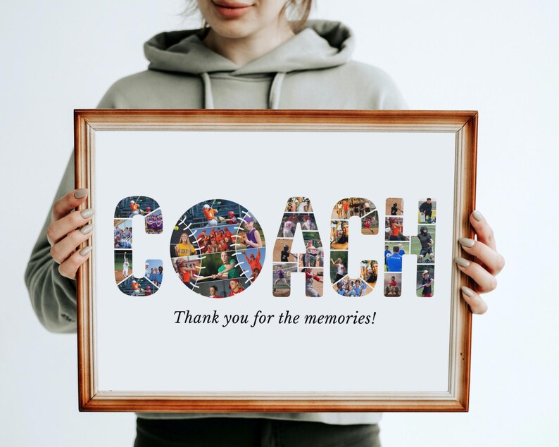 May include: A framed photo collage with the word "COACH" spelled out using photos of people playing baseball. The photos are arranged in a way that creates the letters of the word. The frame is brown wood and the background is white. The text "Thank you for the memories!" is printed below the word "COACH".