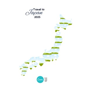 K&ouml;nnte beinhalten: Eine wei&szlig;e Grafik mit der Form Japans, gef&uuml;llt mit Landschaftsbildern. Der Text "Travel to Japan 2025" steht oben, mit dem Canva-Logo unten. Das Design ist vor einem wei&szlig;en Hintergrund.