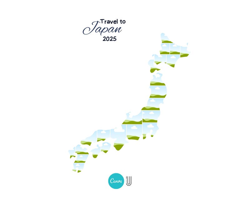 K&ouml;nnte beinhalten: Eine wei&szlig;e Grafik mit der Form Japans, gef&uuml;llt mit Landschaftsbildern. Der Text "Travel to Japan 2025" steht oben, mit dem Canva-Logo unten. Das Design ist vor einem wei&szlig;en Hintergrund.