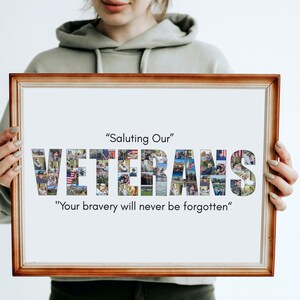 May include: A framed print with the words "Saluting Our Veterans" and "Your bravery will never be forgotten." The word "VETERANS" is filled with small photos. The frame is brown.