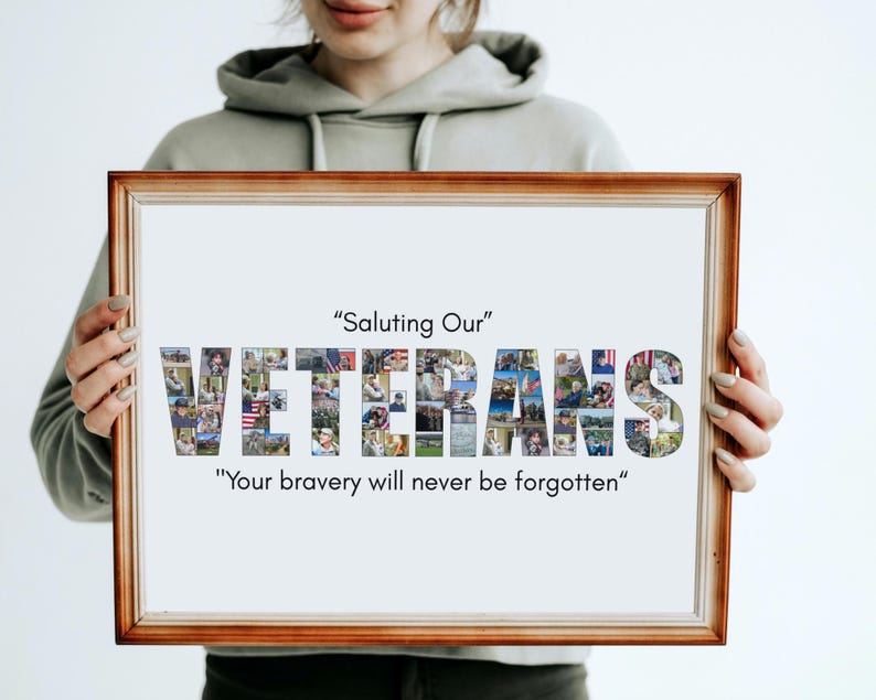 May include: A framed print with the words "Saluting Our Veterans" and "Your bravery will never be forgotten." The word "VETERANS" is filled with small photos. The frame is brown.
