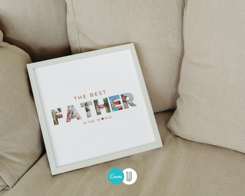 Puede incluir: Un marco blanco con las palabras "THE BEST FATHER IN THE WORLD". La palabra "FATHER" est&aacute; llena de varias fotos familiares. La impresi&oacute;n est&aacute; sobre un sof&aacute; beige.