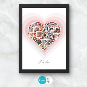 May include: A framed print featuring a red heart made up of smaller photographs. The heart is surrounded by a pink and white gradient. The text "My Love" is written in cursive at the bottom of the print.