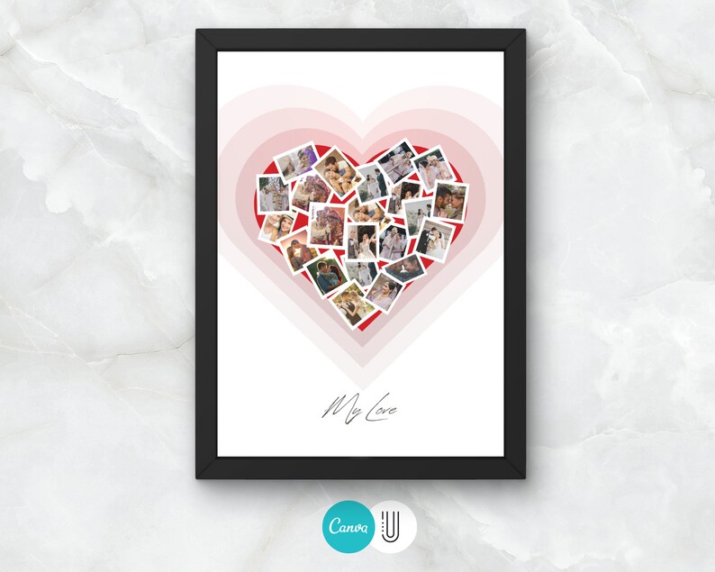 May include: A framed print featuring a red heart made up of smaller photographs. The heart is surrounded by a pink and white gradient. The text "My Love" is written in cursive at the bottom of the print.