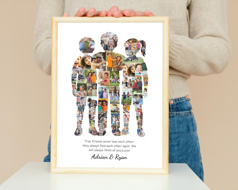 May include: A framed photo collage in a light wood frame. The collage is in the shape of three figures, filled with multiple small photos. The text reads "True friends never lose each other...Adrian & Ryan."