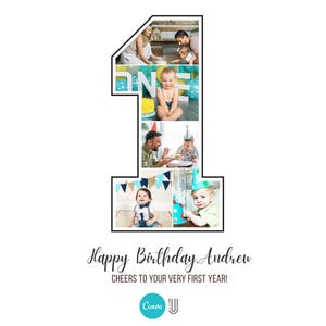 Puede incluir: Un collage de fotos en forma del n&uacute;mero uno, con un esquema de colores azul, verde y amarillo. Las fotos muestran a un beb&eacute; y su familia. El texto "Happy Birthday Andrew" y "Cheers to your very first year!" est&aacute; debajo del collage.