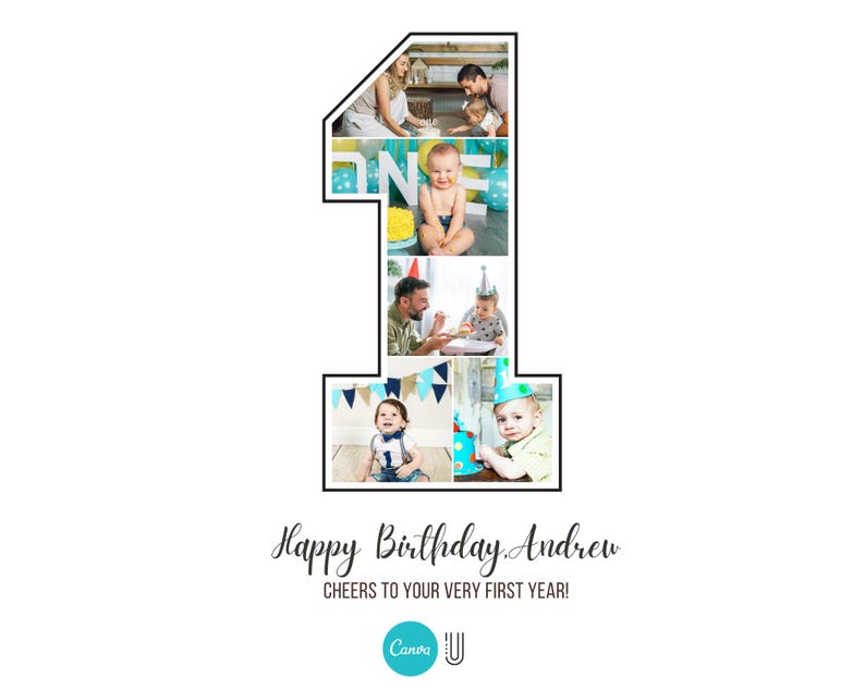 Puede incluir: Un collage de fotos en forma del n&uacute;mero uno, con un esquema de colores azul, verde y amarillo. Las fotos muestran a un beb&eacute; y su familia. El texto "Happy Birthday Andrew" y "Cheers to your very first year!" est&aacute; debajo del collage.