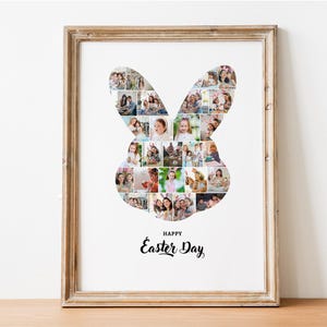 May include: A white photo collage in a brown frame, shaped like a bunny rabbit. The collage is made up of many smaller photos of people, mostly children. The text "Happy Easter Day" is printed below the collage.