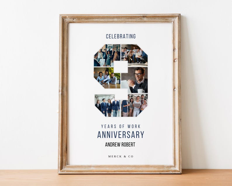 May include: A framed poster celebrating a 9 year work anniversary for Andrew Robert at Merck & Co. The number 9 is made up of photos of people in a work setting.