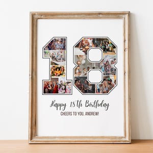 May include: A framed photo collage in the shape of the number 18. The collage is made up of photos of people celebrating a birthday. The text "Happy 18th Birthday Cheers to you, Andrew!" is printed below the collage.