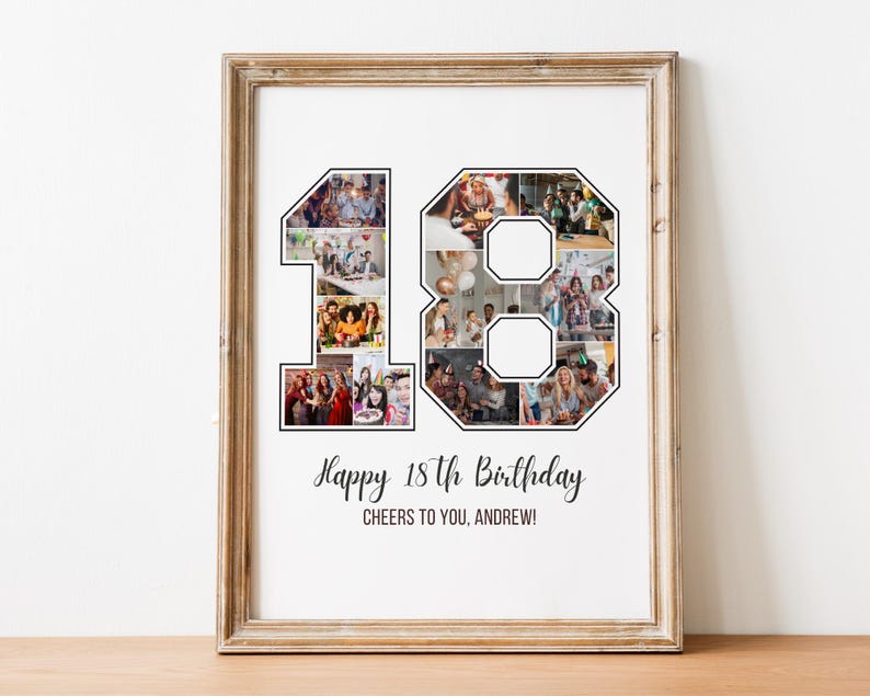 May include: A framed photo collage in the shape of the number 18. The collage is made up of photos of people celebrating a birthday. The text "Happy 18th Birthday Cheers to you, Andrew!" is printed below the collage.