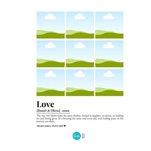 Peut inclure: Impression blanche avec neuf images carr&eacute;es d'un ciel bleu, de nuages blancs et de collines vertes. Le mot "Love" est affich&eacute; avec une d&eacute;finition et le texte "Always yours. I Love you!"
