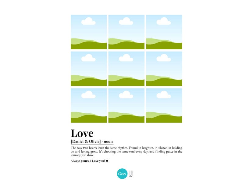 Peut inclure: Impression blanche avec neuf images carr&eacute;es d'un ciel bleu, de nuages blancs et de collines vertes. Le mot "Love" est affich&eacute; avec une d&eacute;finition et le texte "Always yours. I Love you!"