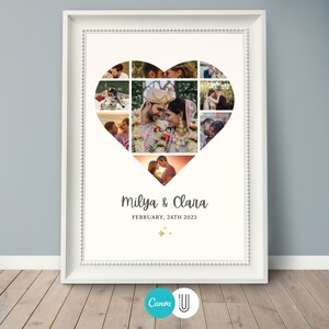 Puede incluir: Un collage de fotos enmarcado en blanco de una pareja en forma de coraz&oacute;n. El collage incluye fotos de la pareja en varios escenarios, incluida una ceremonia de boda. El texto "Milva & Clara, February 24th 2023" est&aacute; impreso debajo del collage.