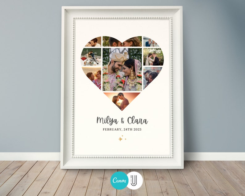 Puede incluir: Un collage de fotos enmarcado en blanco de una pareja en forma de coraz&oacute;n. El collage incluye fotos de la pareja en varios escenarios, incluida una ceremonia de boda. El texto "Milva & Clara, February 24th 2023" est&aacute; impreso debajo del collage.