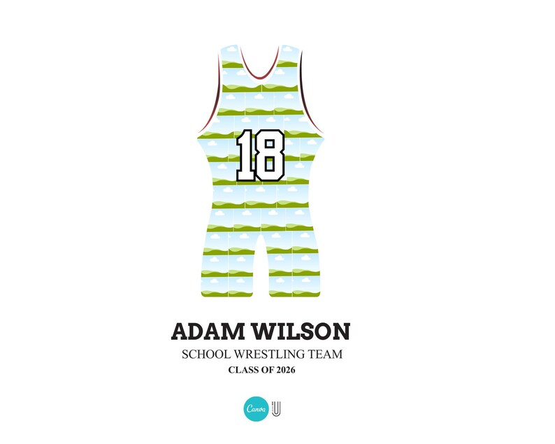 K&ouml;nnte beinhalten: Ein Wrestling-Trikot mit Landschaftsdesign, der Nummer 18 und dem Text "ADAM WILSON SCHOOL WRESTLING TEAM CLASS OF 2026". Das Trikot ist haupts&auml;chlich hellblau, mit roter Einfassung.