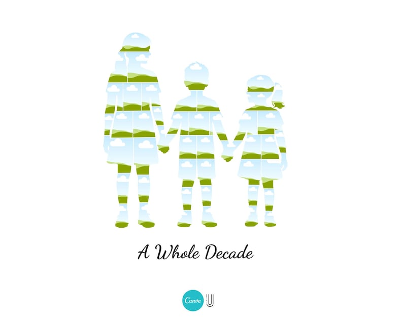 K&ouml;nnte beinhalten: Silhouette von drei Figuren, die sich an den H&auml;nden halten, gef&uuml;llt mit Landschaftsbildern von gr&uuml;nen H&uuml;geln und blauem Himmel. Der Text "A Whole Decade" steht darunter, mit einem Canva-Logo unten.