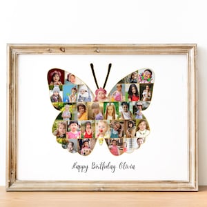 May include: A framed butterfly-shaped photo collage featuring numerous small photos of children. The collage is set against a white background, with the words "Happy Birthday Olivia" written below. The frame is a light brown color.