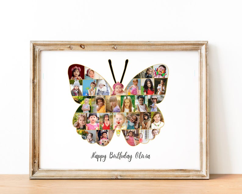 May include: A framed butterfly-shaped photo collage featuring numerous small photos of children. The collage is set against a white background, with the words "Happy Birthday Olivia" written below. The frame is a light brown color.