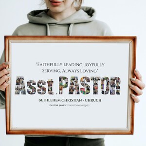 Może przedstawiać: Wydruk w ramie z kolażem zdjęć os&oacute;b, kt&oacute;re tworzą napis "Asst. Pastor" z tekstem "Faithfully Leading, Joyfully Serving, Always Loving" nad kolażem i "Bethlehem Christian - Church" oraz "Pastor James "Transforming Lives" pod kolażem.