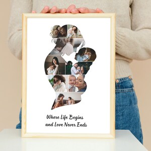 May include: A framed photo collage in a light wood frame. The collage is in the shape of a mother and child silhouette, filled with family photos. The text "Where Life Begins and Love Never Ends" is at the bottom.