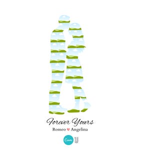 May include: A white graphic design featuring two silhouettes of people embracing, filled with images of green hills and blue skies. The text "Forever Yours" is below, with the names Romeo and Angelina, and a Canva logo.
