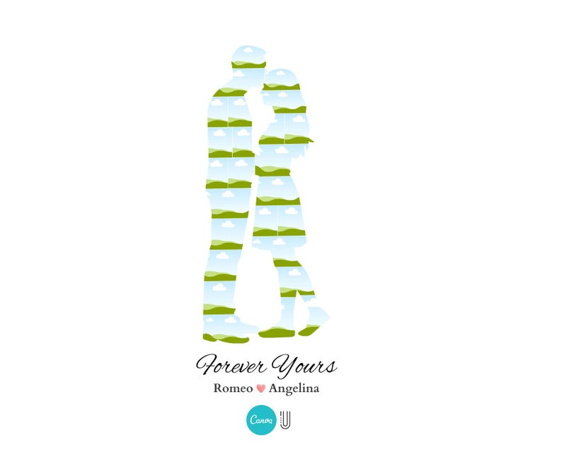 May include: A white graphic design featuring two silhouettes of people embracing, filled with images of green hills and blue skies. The text "Forever Yours" is below, with the names Romeo and Angelina, and a Canva logo.