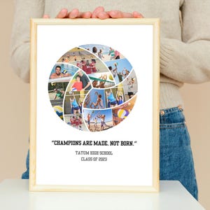 Op de afbeelding: Een volleyball fotocollage met de tekst "CHAMPIONS ARE MADE, NOT BORN."  TATUM HIGH SCHOOL CLASS OF 2023.