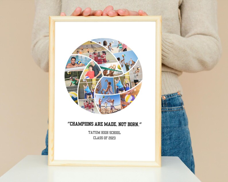 Op de afbeelding: Een volleyball fotocollage met de tekst "CHAMPIONS ARE MADE, NOT BORN."  TATUM HIGH SCHOOL CLASS OF 2023.