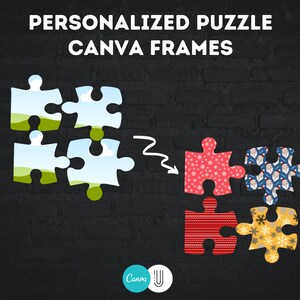 Może przedstawiać: Cztery puzzle z różnymi wzorami. Elementy układanki są ułożone w kształt kwadratu. Wzory obejmują płatki śniegu, Świętego Mikołaja, wzór w czerwono-białe paski oraz wzór żółtych i białych płatków śniegu. Tekst "PERSONALIZED PUZZLE CANVA FRAMES" znajduje się w górnej części obrazu.