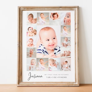 Modèle de collage photo bébé, collage photo imprimable, cadeau pour bébé, affiche modifiable de collage photo d'étape importante, collage photo première année de bébé