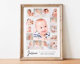 1st Birthday Poster Canva Template | Baby First Year Photo Collage for Boys & Girls