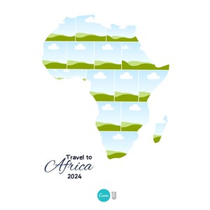May include: A stylised outline of the continent of Africa, filled with a repeating pattern of green hills and blue skies with white clouds. The text "Travel to Africa 2024" is below the image.