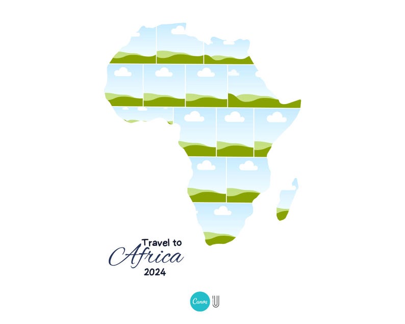 May include: A stylised outline of the continent of Africa, filled with a repeating pattern of green hills and blue skies with white clouds. The text "Travel to Africa 2024" is below the image.