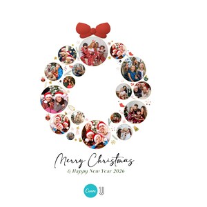 May include: A Christmas wreath design with family photos arranged in a circular pattern. A red bow sits at the top. The words "Merry Christmas & Happy New Year 2026" are written in elegant script below the wreath.