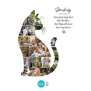 May include: A cat-shaped photo collage featuring various images of cats and people. The text reads: Smokey, 2014-2026, Your paws may have left the floor, but they will never leave my heart. A small brown paw print icon is located below the text.