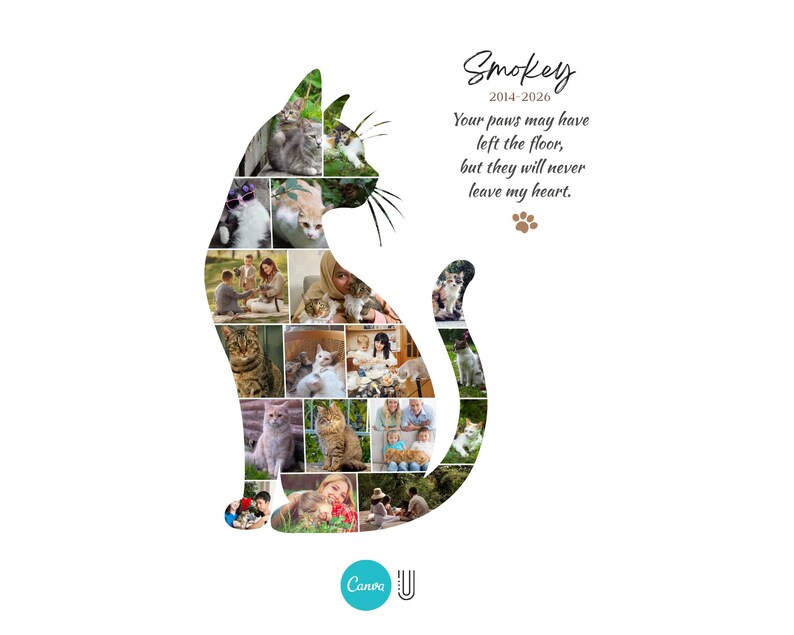 May include: A cat-shaped photo collage featuring various images of cats and people. The text reads: Smokey, 2014-2026, Your paws may have left the floor, but they will never leave my heart. A small brown paw print icon is located below the text.