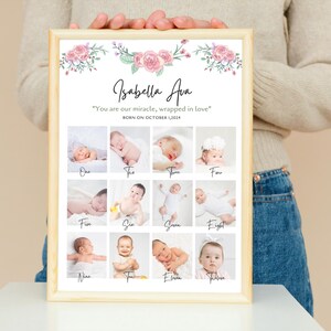 Może przedstawiać: Ramka z kolażem zdjęć z r&oacute;żowym wzorem kwiatowym i tekstem "Isabella Ava" oraz "You are our miracle, wrapped in love" z datą "BORN ON OCTOBER 1, 2024". Kolaż zawiera dwanaście zdjęć małej dziewczynki w r&oacute;żnym wieku.