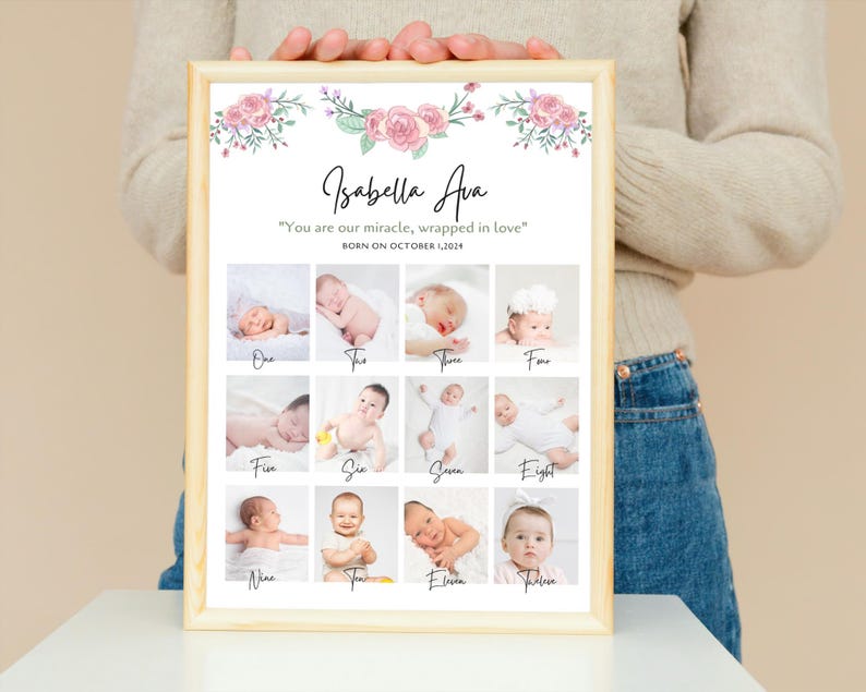 Może przedstawiać: Ramka z kolażem zdjęć z r&oacute;żowym wzorem kwiatowym i tekstem "Isabella Ava" oraz "You are our miracle, wrapped in love" z datą "BORN ON OCTOBER 1, 2024". Kolaż zawiera dwanaście zdjęć małej dziewczynki w r&oacute;żnym wieku.