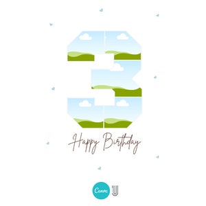 Op de afbeelding: Een witte achtergrond met een blauw en groen nummer 3 gemaakt van vierkanten. Het nummer is omringd door kleine blauwe hartjes. De tekst "Happy Birthday" is in bruin cursief geschreven onder het nummer. Het Canva-logo staat in de rechterbenedenhoek.