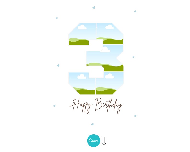 Op de afbeelding: Een witte achtergrond met een blauw en groen nummer 3 gemaakt van vierkanten. Het nummer is omringd door kleine blauwe hartjes. De tekst "Happy Birthday" is in bruin cursief geschreven onder het nummer. Het Canva-logo staat in de rechterbenedenhoek.