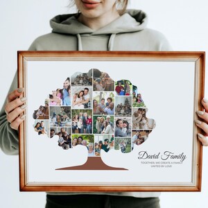 May include: A framed photo collage of a family in the shape of a tree. The frame is brown wood with a white mat. The collage is made up of many different photos of the family, all in color. The text "David Family" is printed below the collage, along with the words "Together, we create a family united by love."