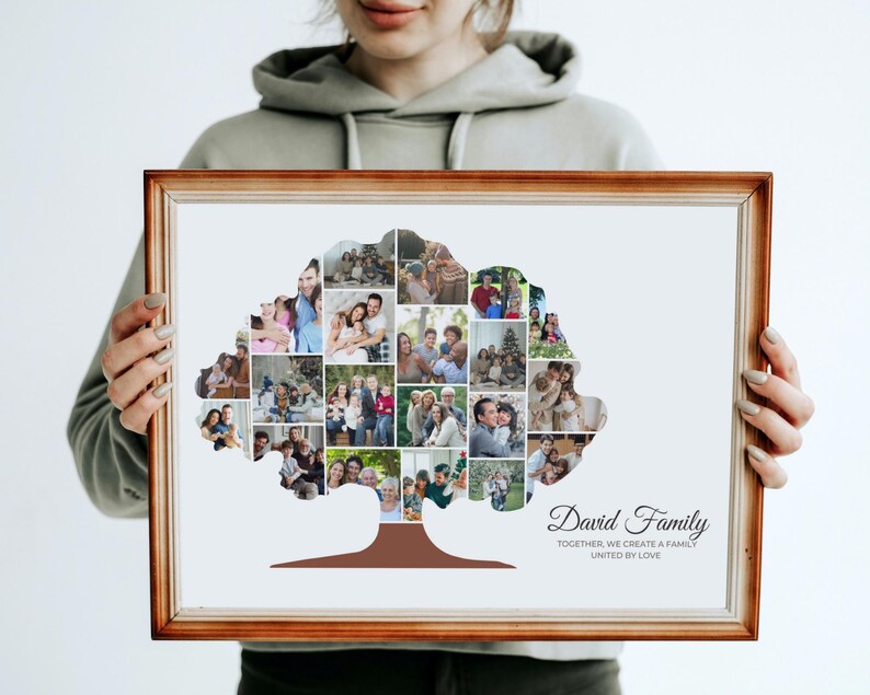 May include: A framed photo collage of a family in the shape of a tree. The frame is brown wood with a white mat. The collage is made up of many different photos of the family, all in color. The text "David Family" is printed below the collage, along with the words "Together, we create a family united by love."