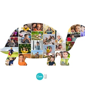 May include: A turtle-shaped photo collage filled with images of children. The collage is composed of various photos of kids in different settings, with a white background. The Canva logo is in the bottom right corner.