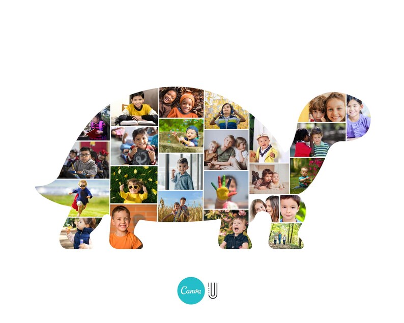 May include: A turtle-shaped photo collage filled with images of children. The collage is composed of various photos of kids in different settings, with a white background. The Canva logo is in the bottom right corner.