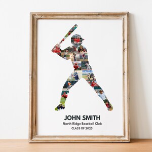 May include: A framed print featuring a baseball player silhouette filled with action photos. The print includes the name "JOHN SMITH", "North Ridge Baseball Club", and "CLASS OF 2025" in black text. The frame is made of light brown wood.